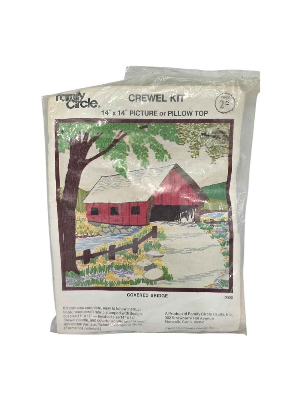 Vintage 1974 Family Circle Crewel Embroidery Kit D302, Covered Bridge